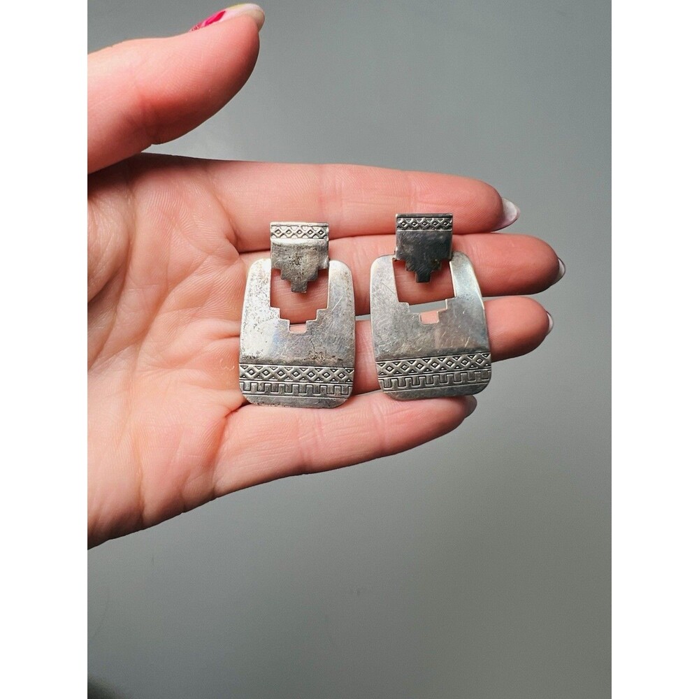 QT-Sterling Silver Southwest Stamped Rectangle Hinged Dangle Earrings